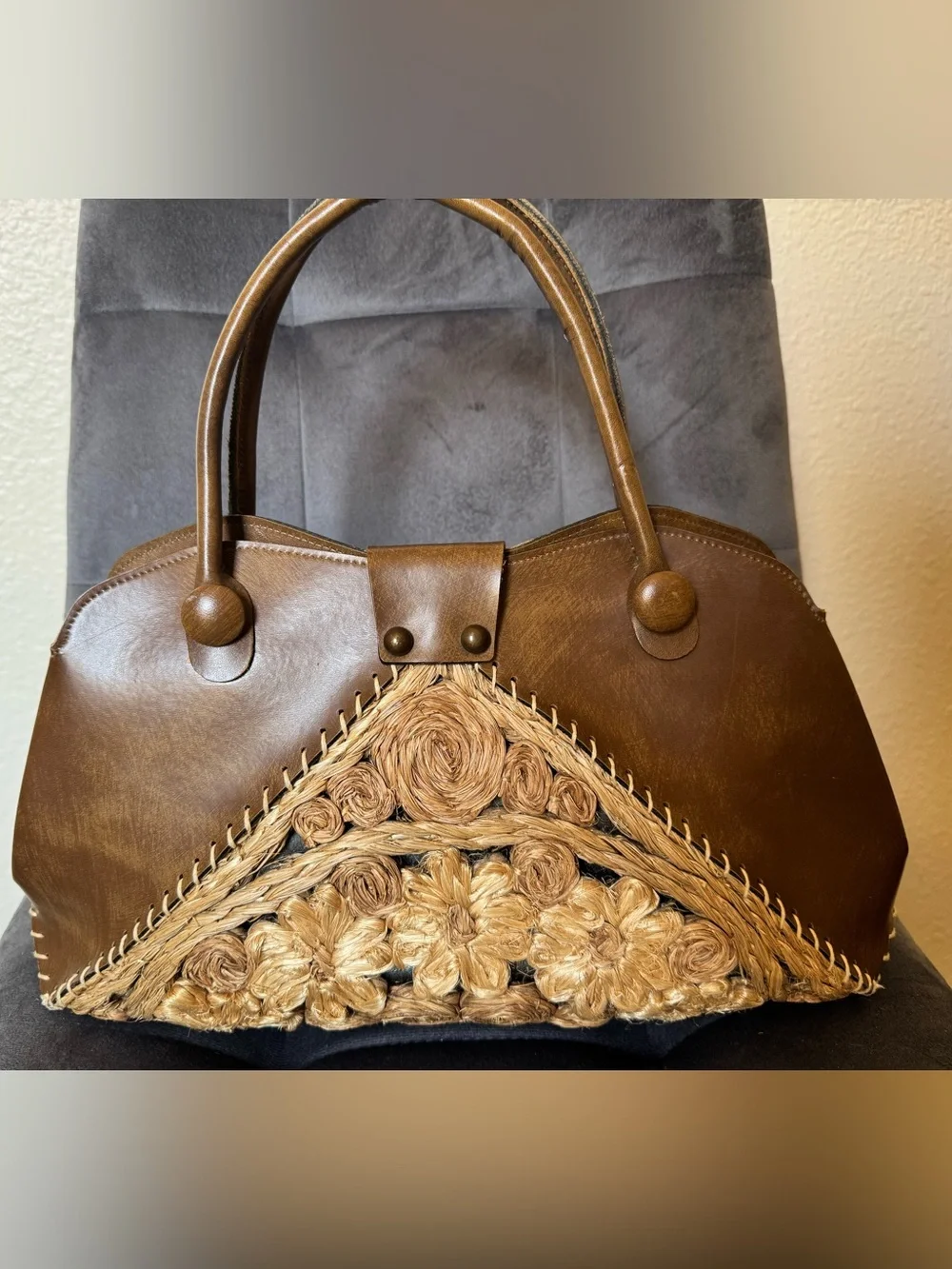 Vintage Rare Mahler California Brown Leather Wood Floral Handbag
